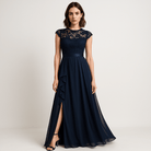 Lavinque Dress Bleu Marine / S Robe Longue Noire avec Dentelle | Événement Élégant | Fente Asymétrique & Fluidité