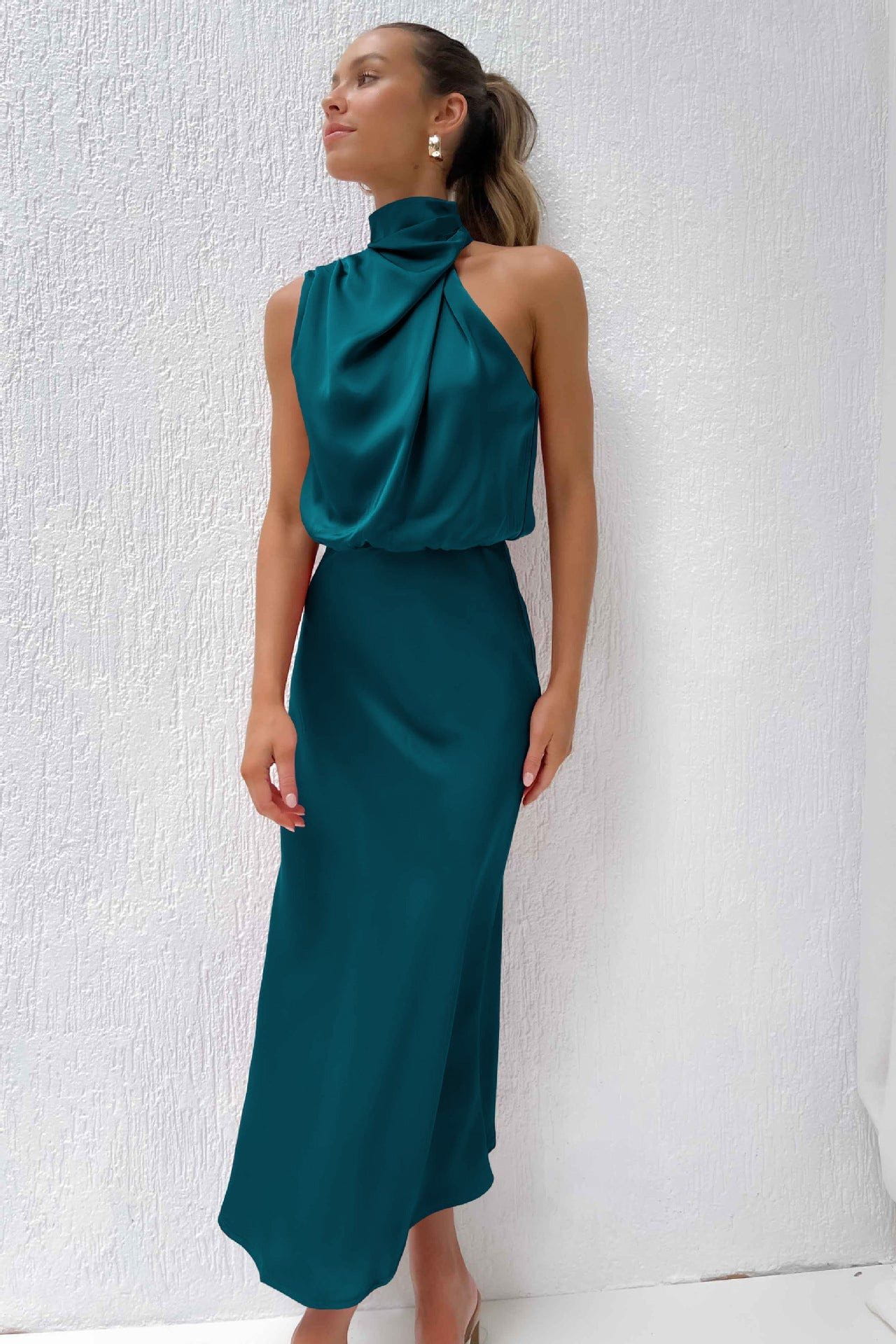 Lavinque Dress Bleu pétrole / S Robe Longue Satinée | Vert Sauge | Col Drapé Élégant