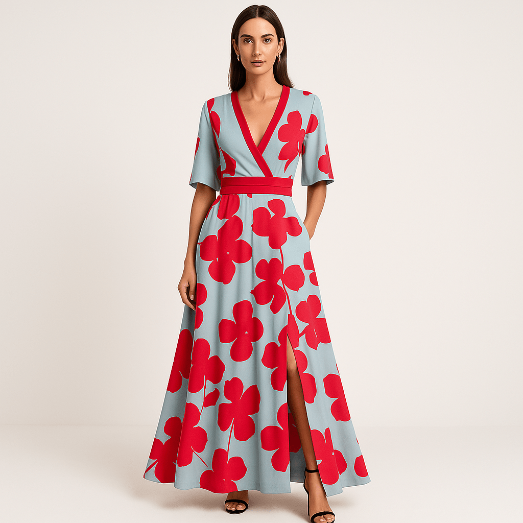 Lavinque Dress Bleu & Rouge / S Robe Longue Portefeuille | Motif Floral Audacieux | Légère et Féminine