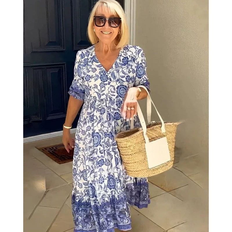 Lavinque Dress Bleu / S Robe Bohème à Imprimé Fleuri | Mi-Longue et Fluide | Élégance Décontractée