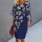 Lavinque Dress Bleu / S Robe Élégante avec Cape en Chiffon | Motif Floral | Chic et Raffinée