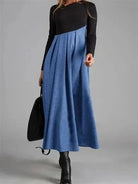 Lavinque Dress Bleu / S Robe Longue Bicolore | Haut Noir & Jupe Camel | Élégante et Structurée