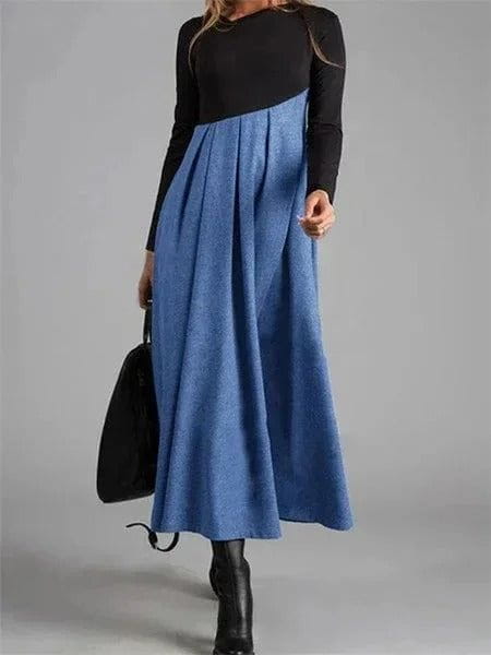 Lavinque Dress Bleu / S Robe Longue Bicolore | Haut Noir & Jupe Camel | Élégante et Structurée