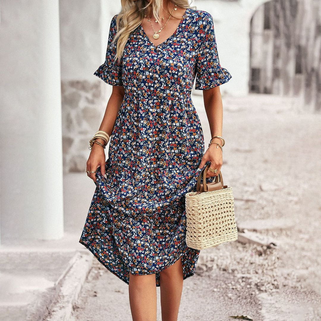 Lavinque Dress Bleu / S Robe Longue Bohème | Fleurie et Fluide | Élégante et Décontractée