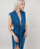 Lavinque Dress Bleu / S Robe Longue Drapée | Décolleté Plongeant | Élégance et Glamour