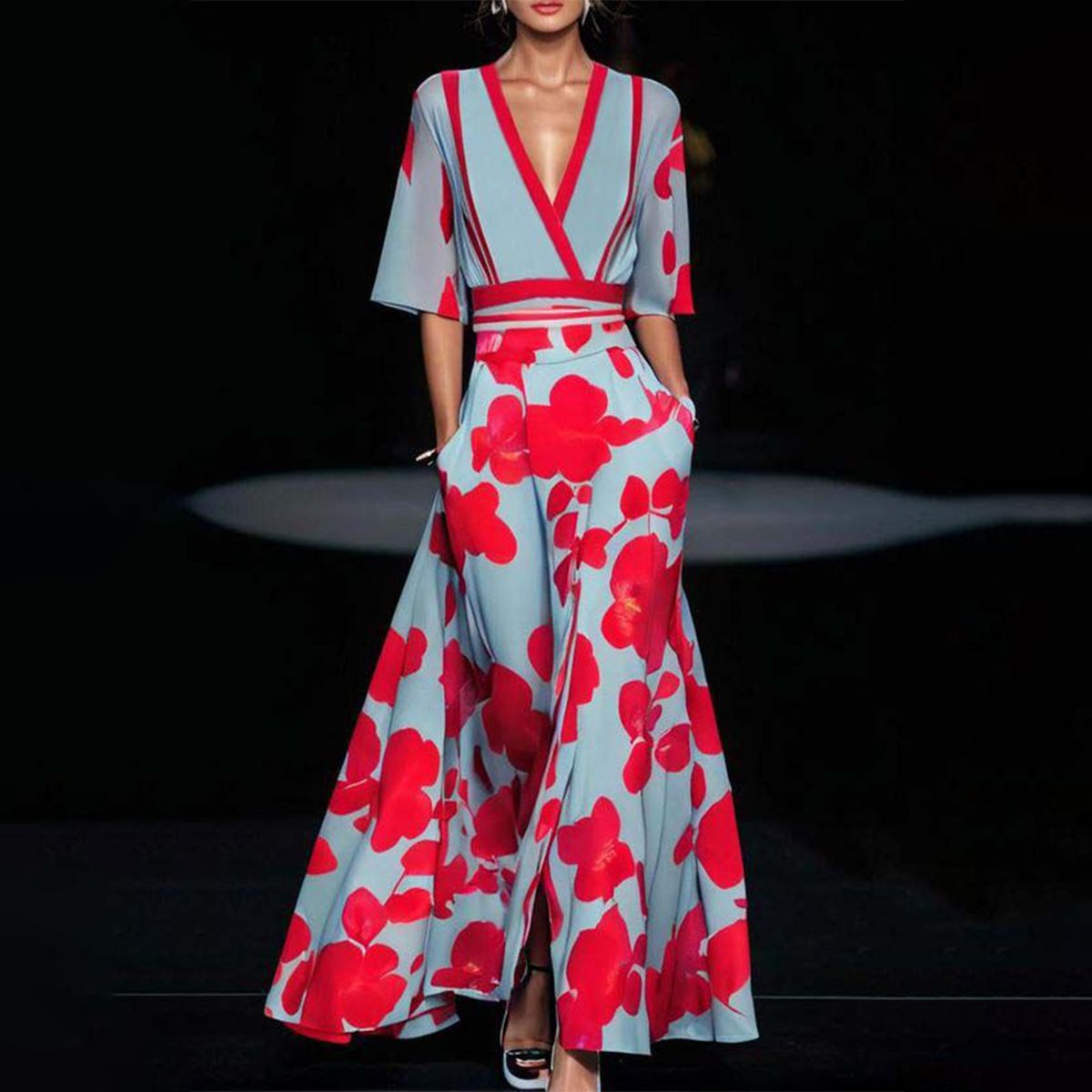Lavinque Dress Bleu / S Robe Longue Évasée à Fleurs | Élégance & Glamour | Style Sophistiqué