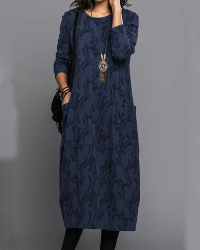 Lavinque Dress Bleu / S Robe Midi Ample à Motif | Manches Longues | Élégance Décontractée