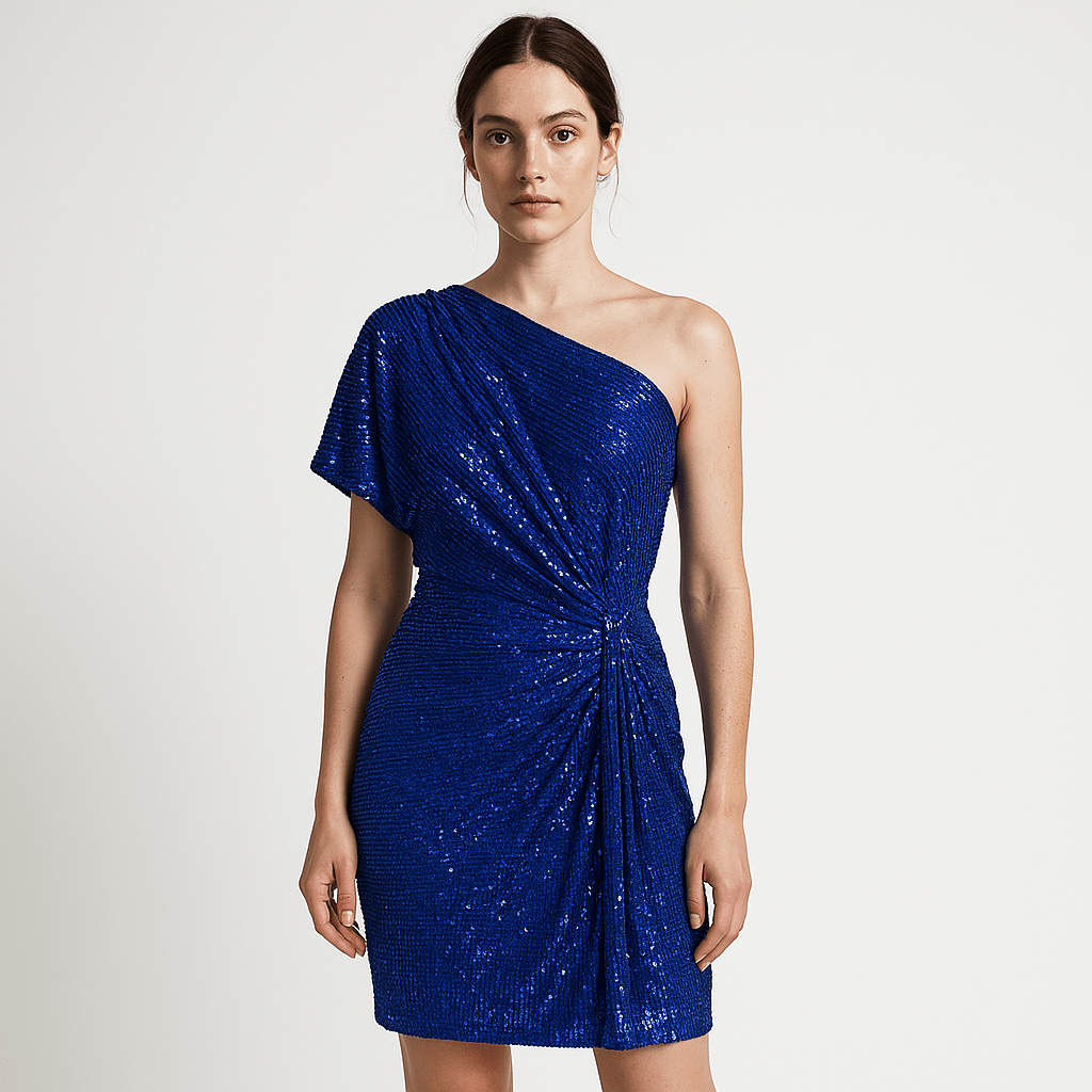 Lavinque Dress Bleu / S Robe Noire Asymétrique à Sequins | Épaule Dénudée | Drapée & Glamour