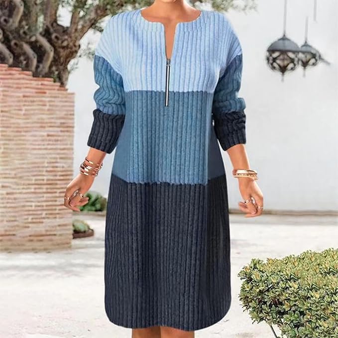 Lavinque Dress Bleu / S Robe Pull Hiver | Maille Côtelée | Chaleur et Élégance Décontractée