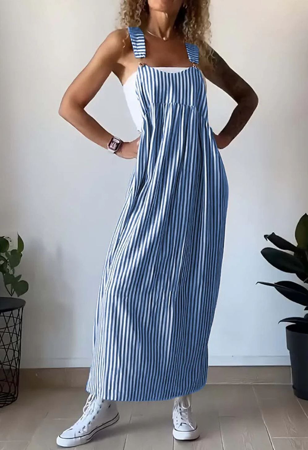 Lavinque Dress Bleu / S Robe Salopette Longue | Rayée et Décontractée | Style Bohème Chic