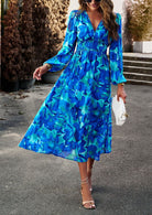 Lavinque Dress Bleu & Vert / S Robe Midi Fluide | Imprimé Bleu Tropical | Fraîche et Élégante