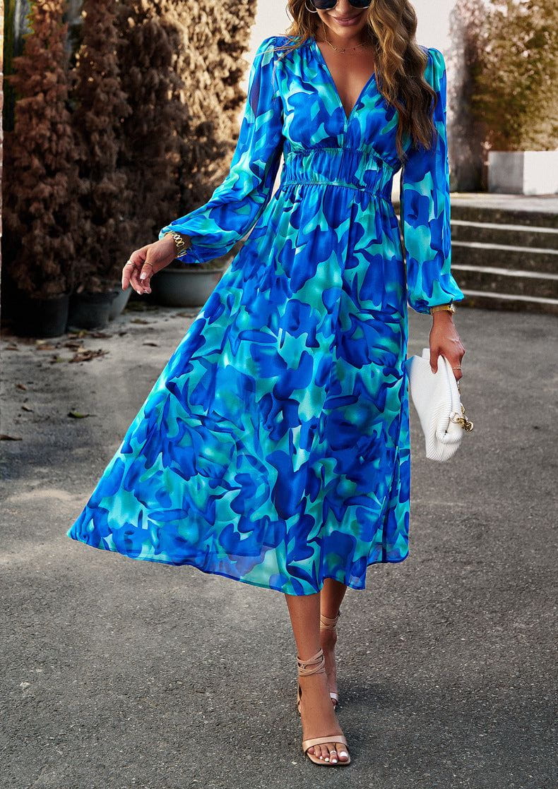 Lavinque Dress Bleu & Vert / S Robe Midi Fluide | Imprimé Bleu Tropical | Fraîche et Élégante