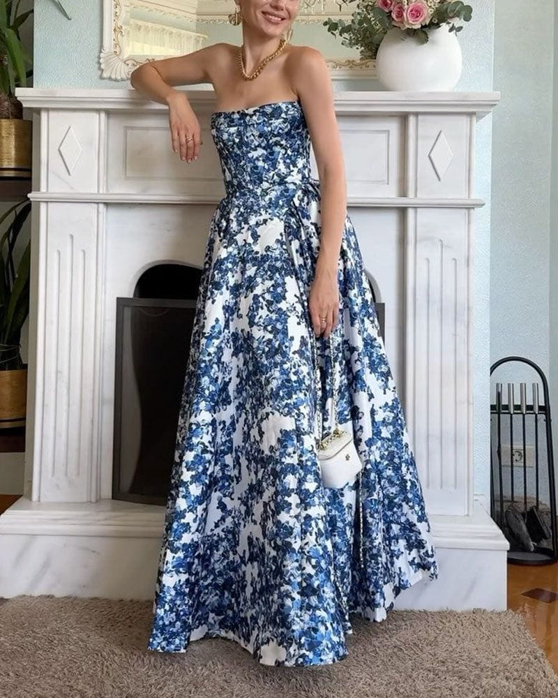 Lavinque Dress Bleu / XS Robe Longue Bustier Imprimé Floral | Élégante | Féminine et Raffinée