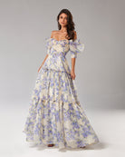 Lavinque Dress Bleu / XS Robe Longue Fleurie | Épaules Dénudées | Romantique et Légère