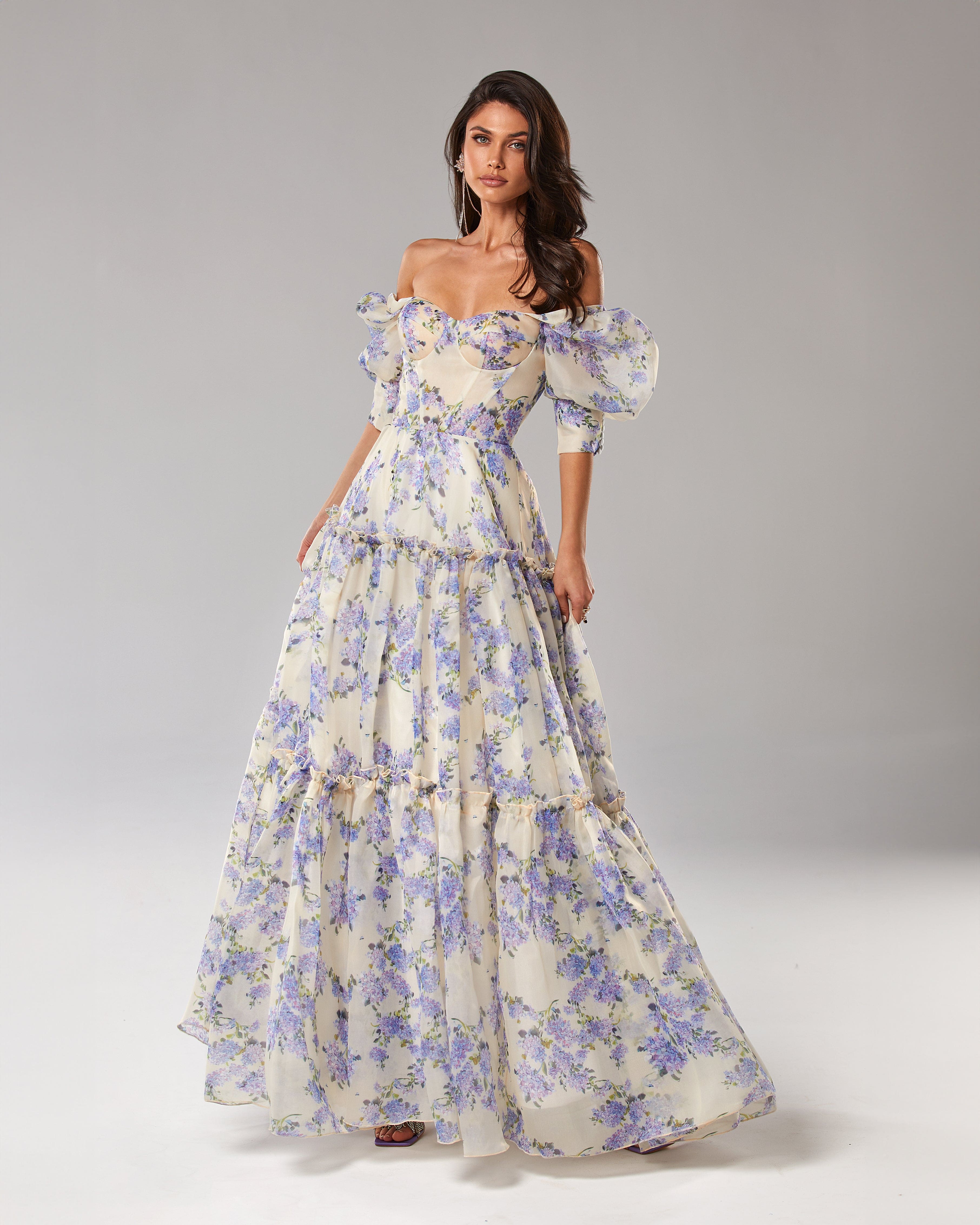 Lavinque Dress Bleu / XS Robe Longue Fleurie | Épaules Dénudées | Romantique et Légère