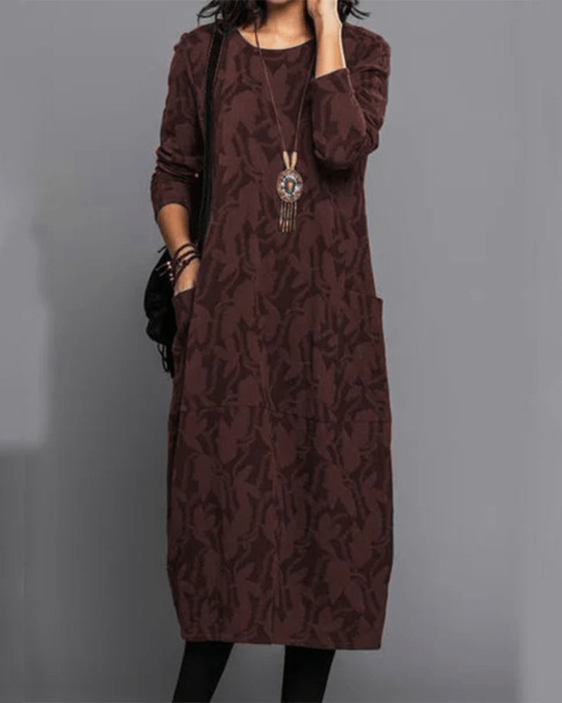 Lavinque Dress Bourgogne / S Robe Midi Ample à Motif | Manches Longues | Élégance Décontractée