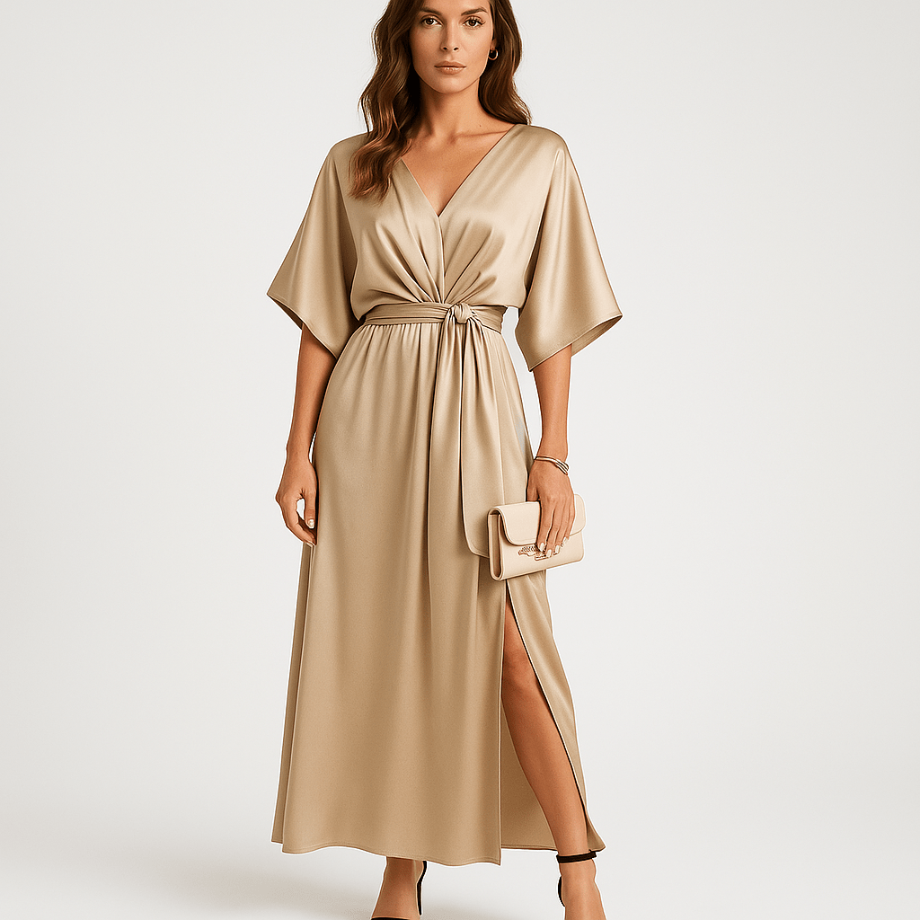 Lavinque Dress Champagne / S Robe Longue Satinée Champagne | Taille Froncée | Élégance Fluide