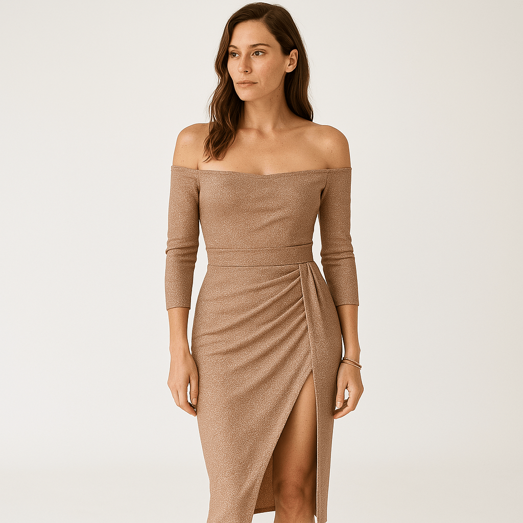 Lavinque Dress Champagne / S Robe Noire Fendue | Épaules Dénudées | Élégance Sensuelle