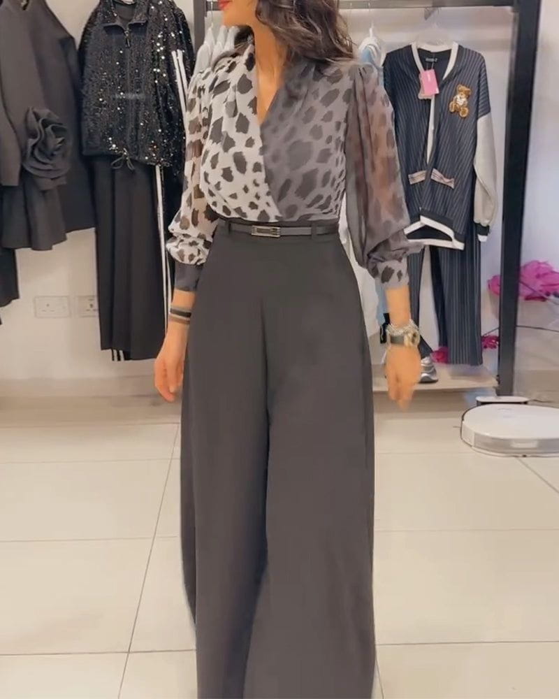Lavinque Dress Ensemble Élégant | Chemise Imprimée & Pantalon Large | Chic et Sophistiqué