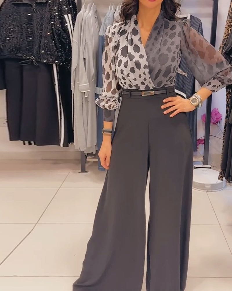 Lavinque Dress Ensemble Élégant | Chemise Imprimée & Pantalon Large | Chic et Sophistiqué