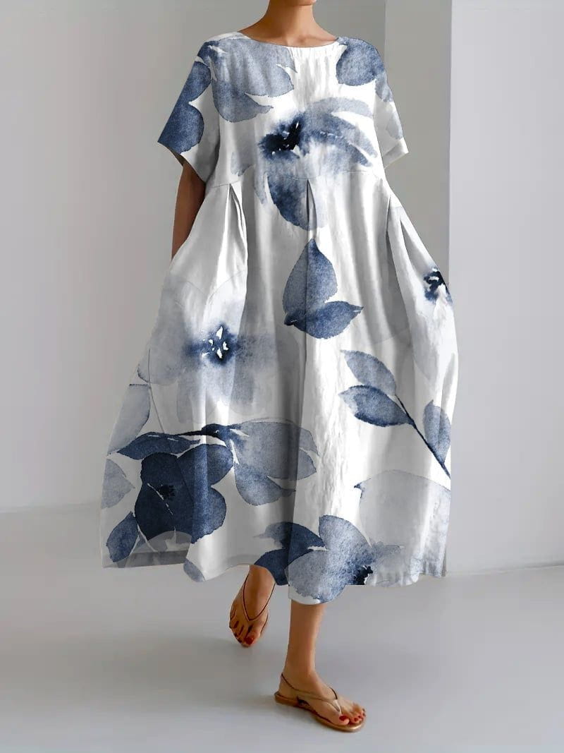 Lavinque Dress Fleur noir et or Fleurs indigo / S Robe Longue Bohème | Élégance Florale | Légèreté &  Confort