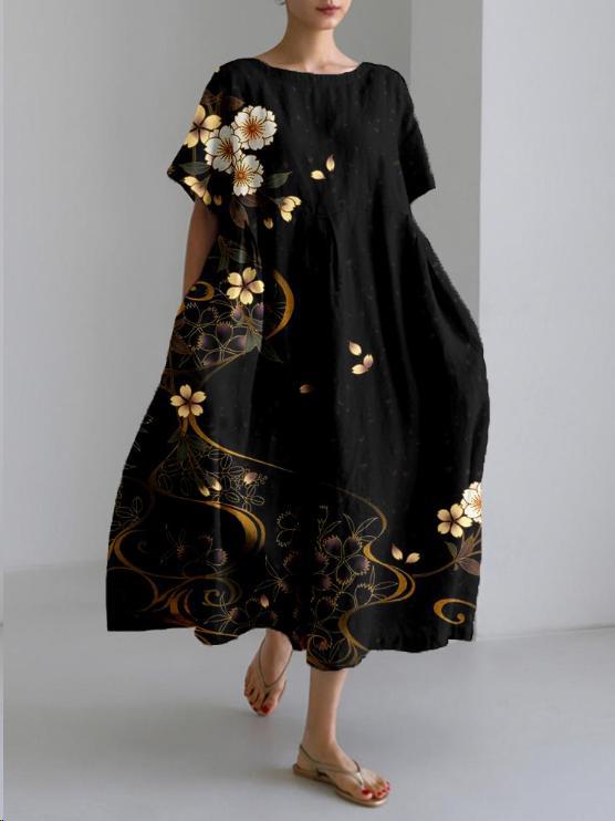 Lavinque Dress Fleur noir et or / S Robe Longue Bohème | Élégance Florale | Légèreté &  Confort