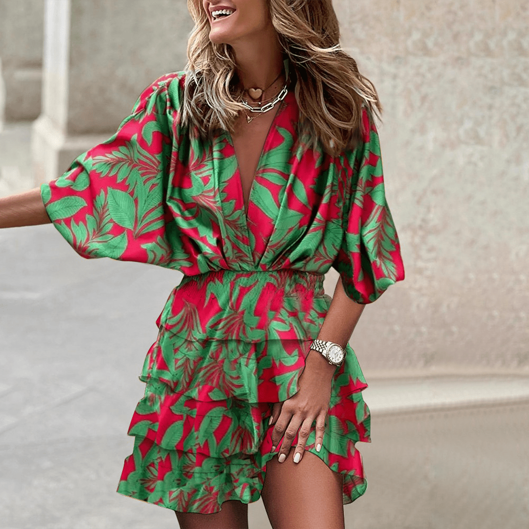 Lavinque Dress Fleur verte / S Robe Courte Bohème Imprimé Tropical | Élégante | Fluide et Féminine
