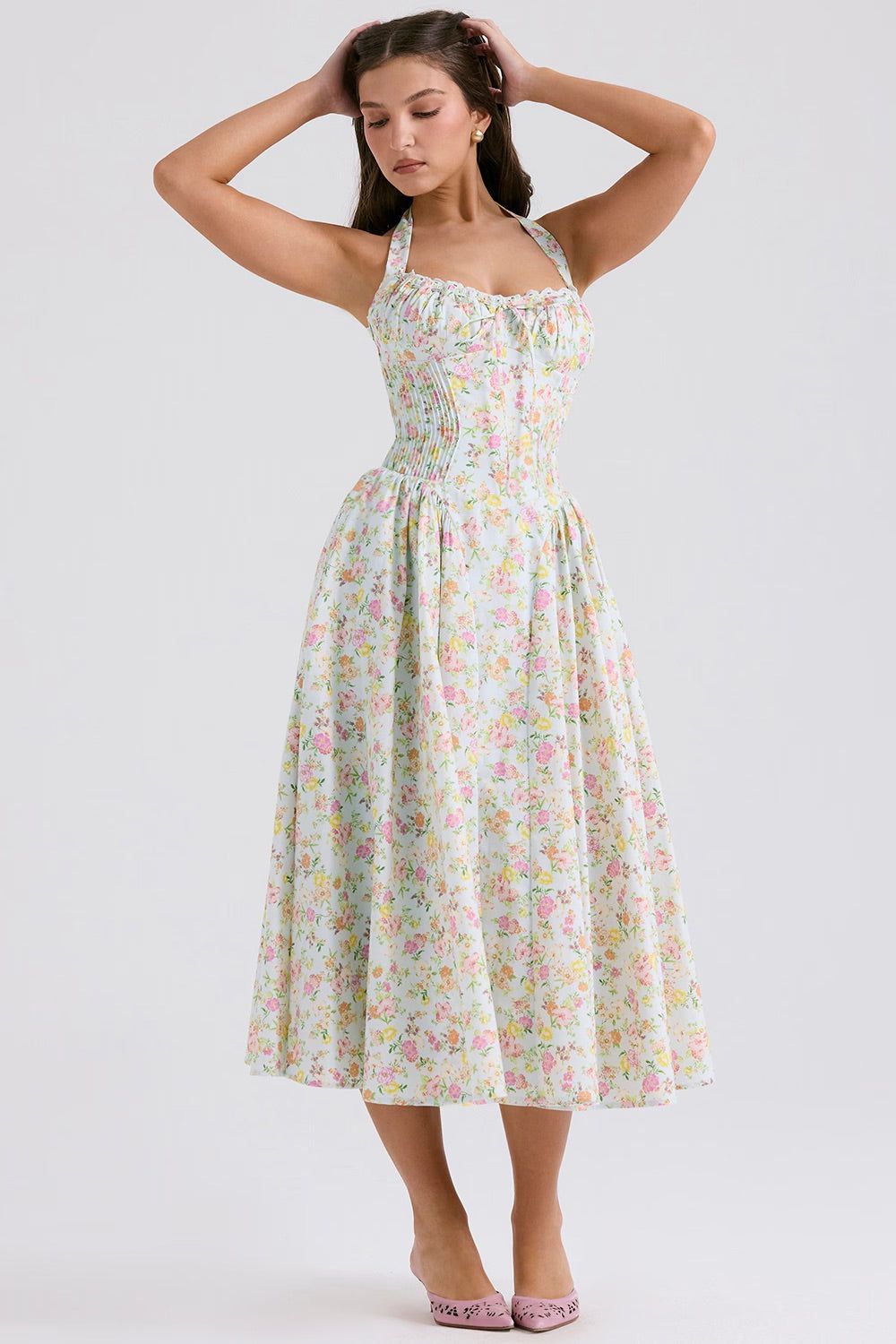 Lavinque Dress Floral Vert / XS Robe Dos Nu Rose | Vintage | Élégante et Féminine