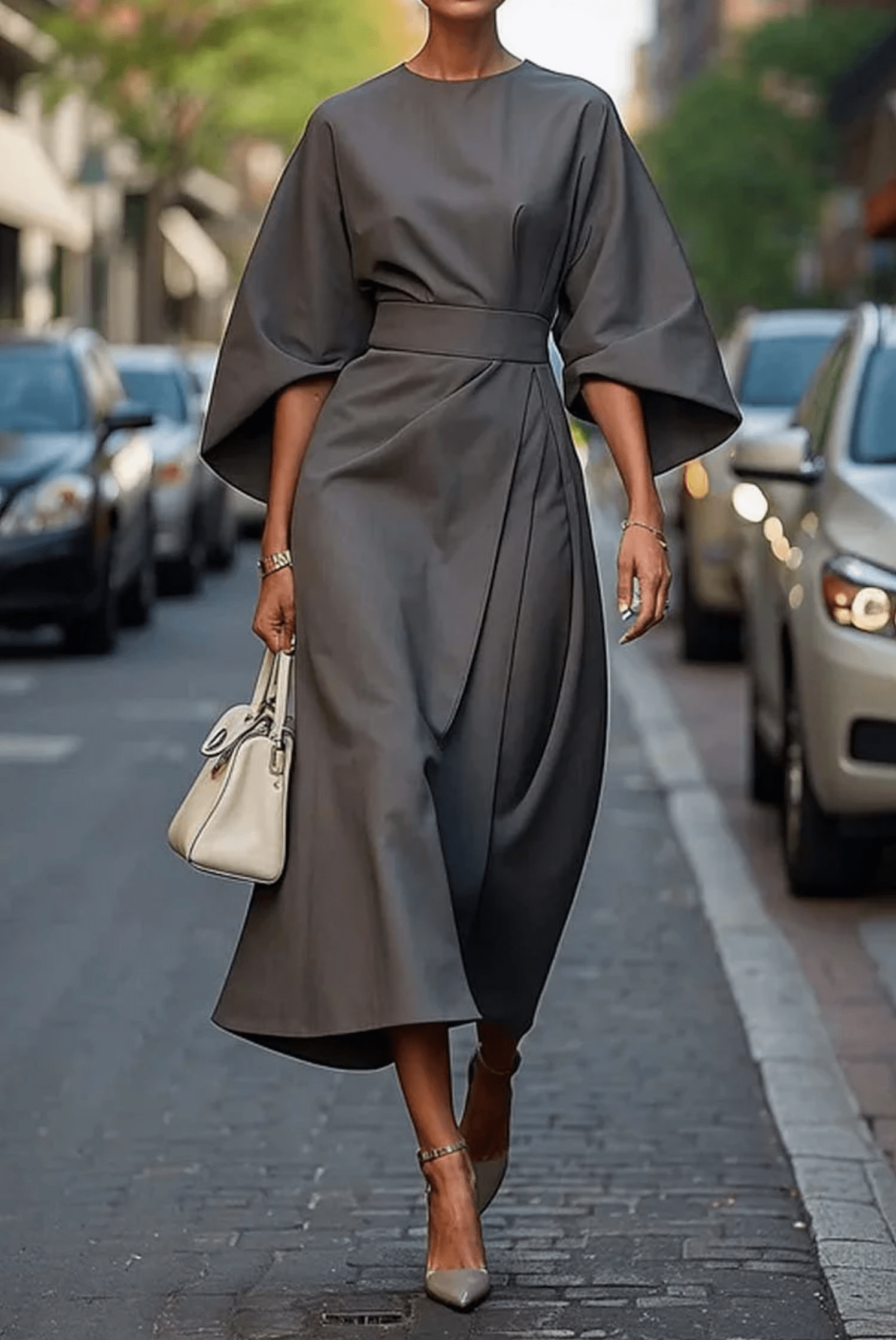 Lavinque Dress Gris / S Robe Élégante | Noire | Manches Amples et Ceinture Structurée