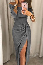 Lavinque Dress Gris / S Robe Fendue Rose Pailletée | Épaules Dénudées | Glamour de Soirée