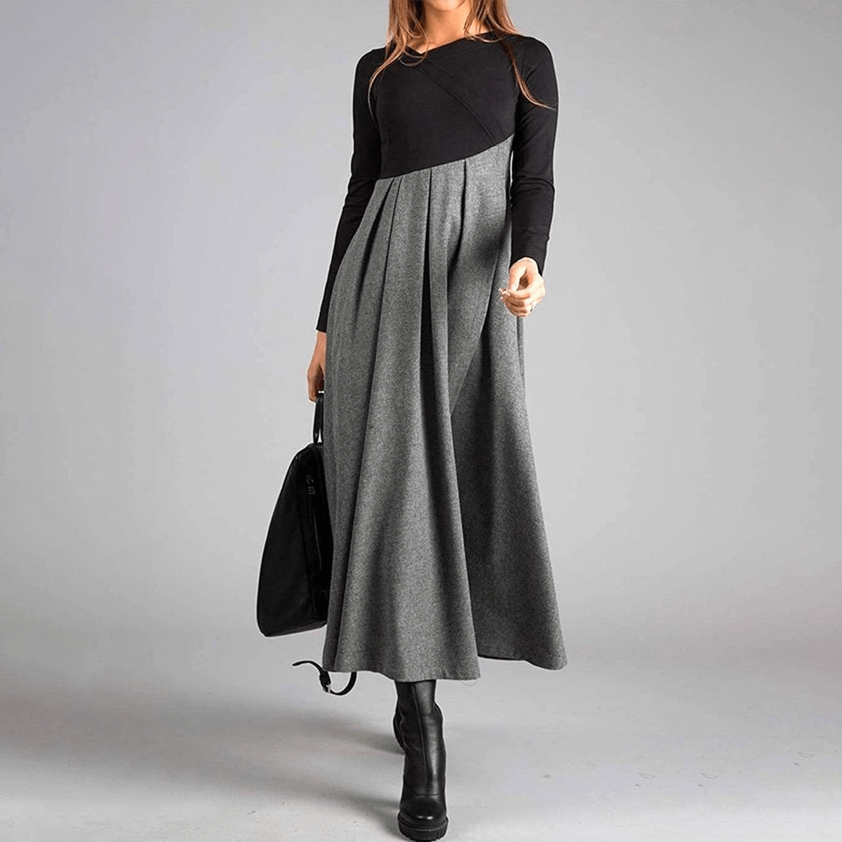 Lavinque Dress Gris / S Robe Longue Bicolore | Haut Noir & Jupe Camel | Élégante et Structurée