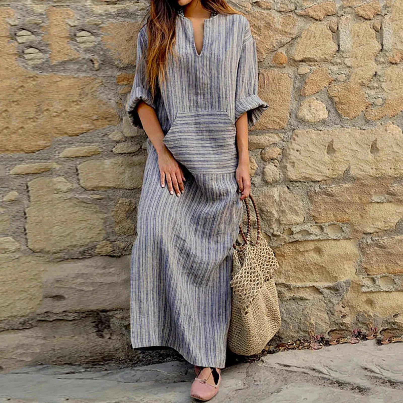Lavinque Dress Gris / S Robe Longue Rayée | Style Bohème | Confort et Élégance