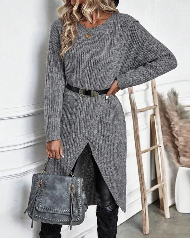 Lavinque Dress Gris / S Robe Pull Fendue | Maille Douce | Élégante et Moderne