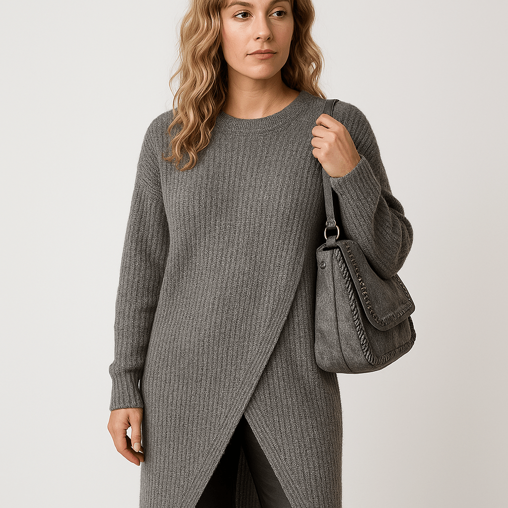 Lavinque Dress Gris / S Robe Pull Grise | Coupe Croisée | Style Confort Automnal