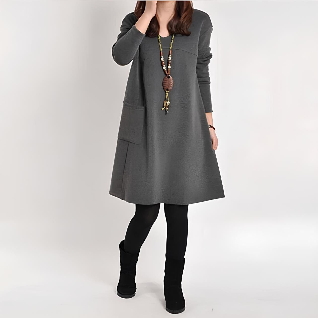 Lavinque Dress Gris / S Robe Trapèze Grise | Manches Longues | Confort et Simplicité Chic