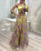 Lavinque Dress Jaune / S Robe de Soirée Fluide | Une Épaule | Tulle Imprimé Romantique