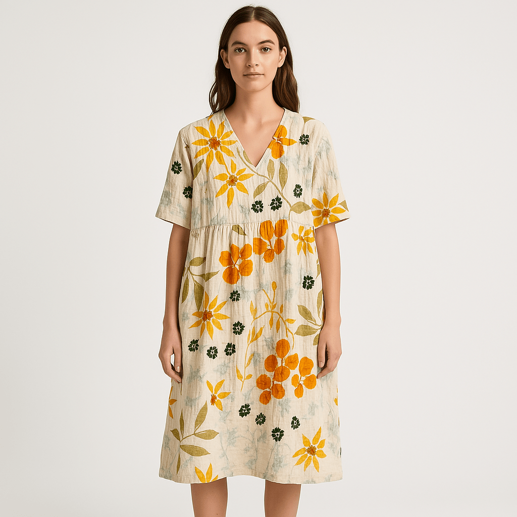 Lavinque Dress Jaune / S Robe Florale Midi | Coton Léger | Imprimé Estival Coloré