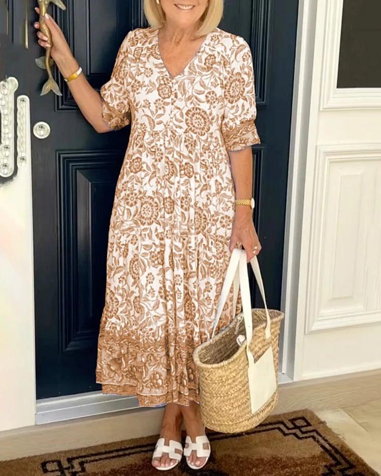 Lavinque Dress Kaki / S Robe Bohème à Imprimé Fleuri | Mi-Longue et Fluide | Élégance Décontractée