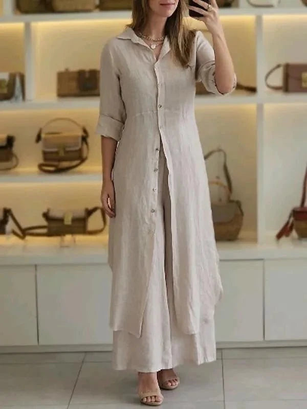 Lavinque Dress Kaki / S Robe Chemise Longue en Lin | Élégante | Fluide et Naturelle