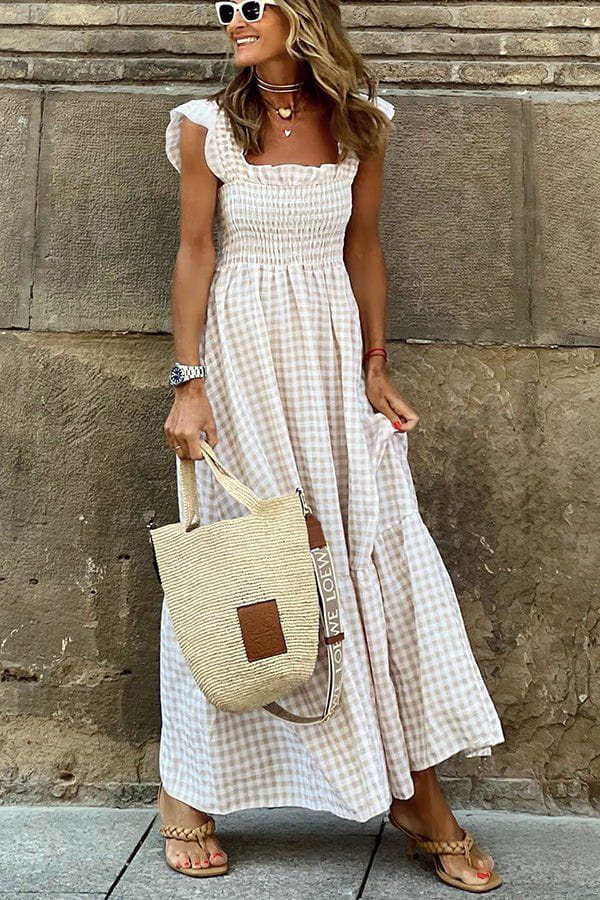 Lavinque Dress Kaki / S Robe Longue Bohème Smockée | Élégante | Légère et Féminine