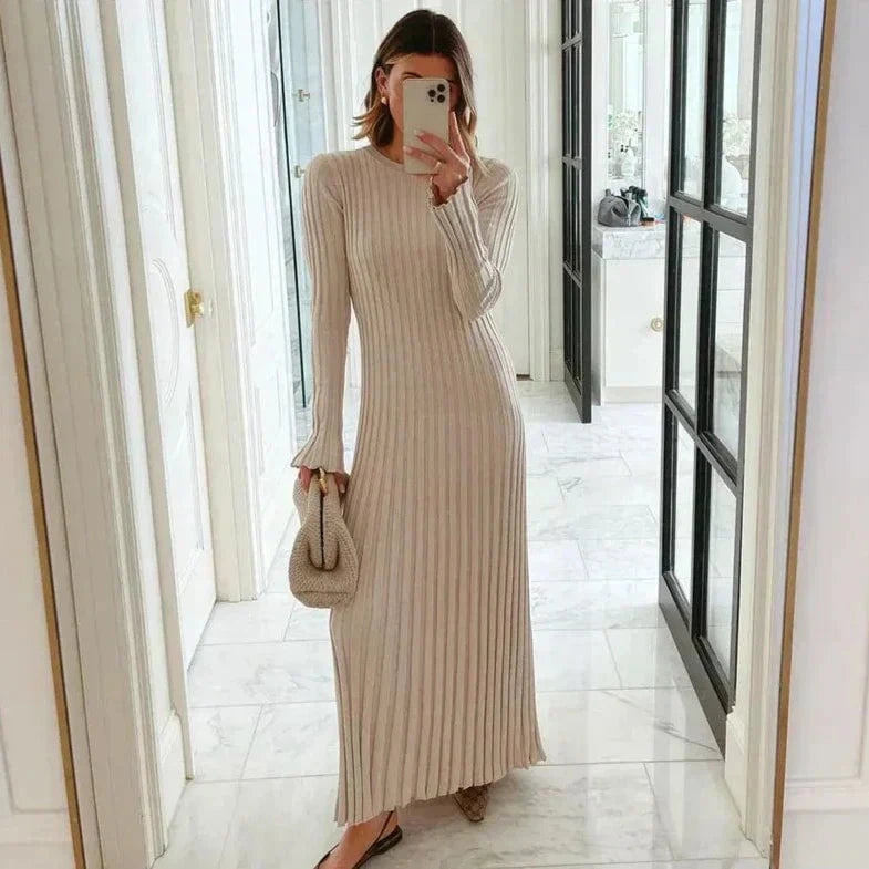 Lavinque Dress Kaki / S Robe Longue Côtelée Beige | Manches Longues | Minimalisme Élégant