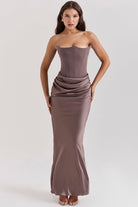 Lavinque Dress L'or rose / XS Robe Longue Satinée Noire | Bustier Drapé | Élégance Sensuelle