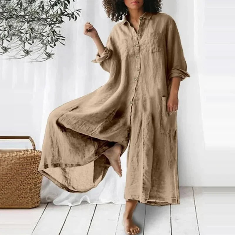 Lavinque Dress Marron / S Robe Chemise Longue en Lin | Décontractée | Fluide et Élégante