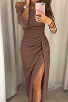 Lavinque Dress Marron / S Robe Fendue Rose Pailletée | Épaules Dénudées | Glamour de Soirée