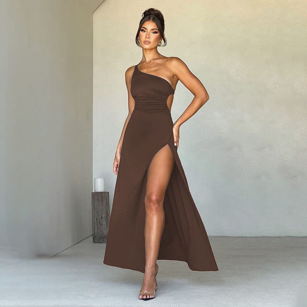 Lavinque Dress Marron / S Robe Rouge Fendue | Asymétrique | Glamour et Moderne
