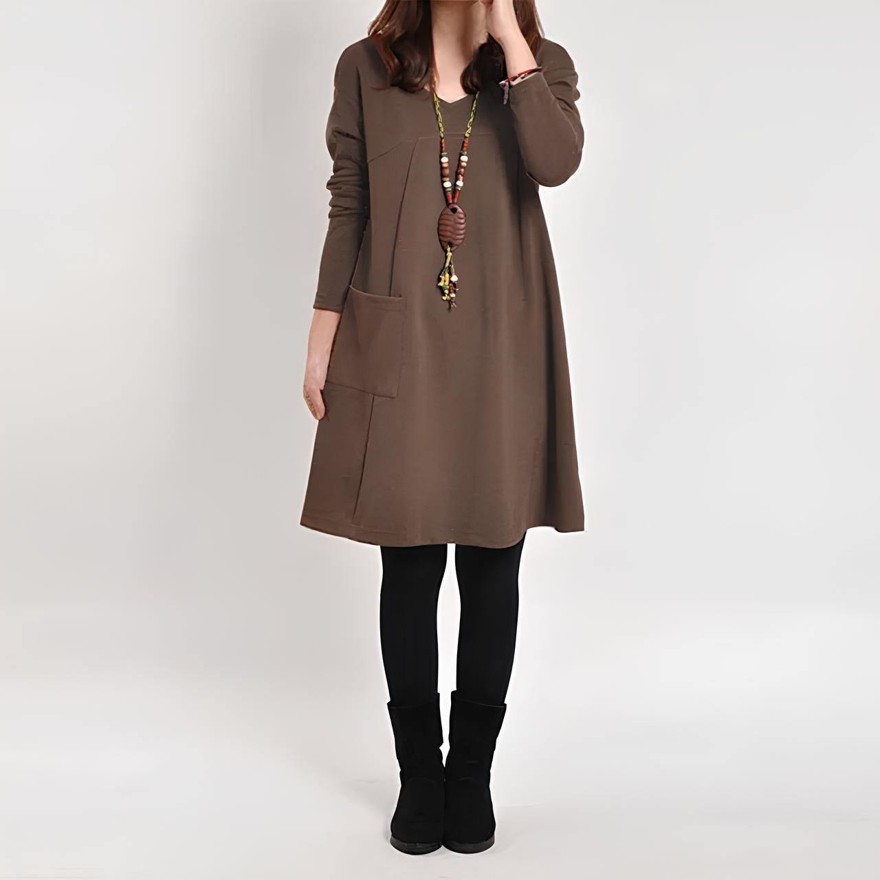 Lavinque Dress Marron / S Robe Trapèze Grise | Manches Longues | Confort et Simplicité Chic