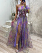Lavinque Dress Mauve / S Robe de Soirée Fluide | Une Épaule | Tulle Imprimé Romantique