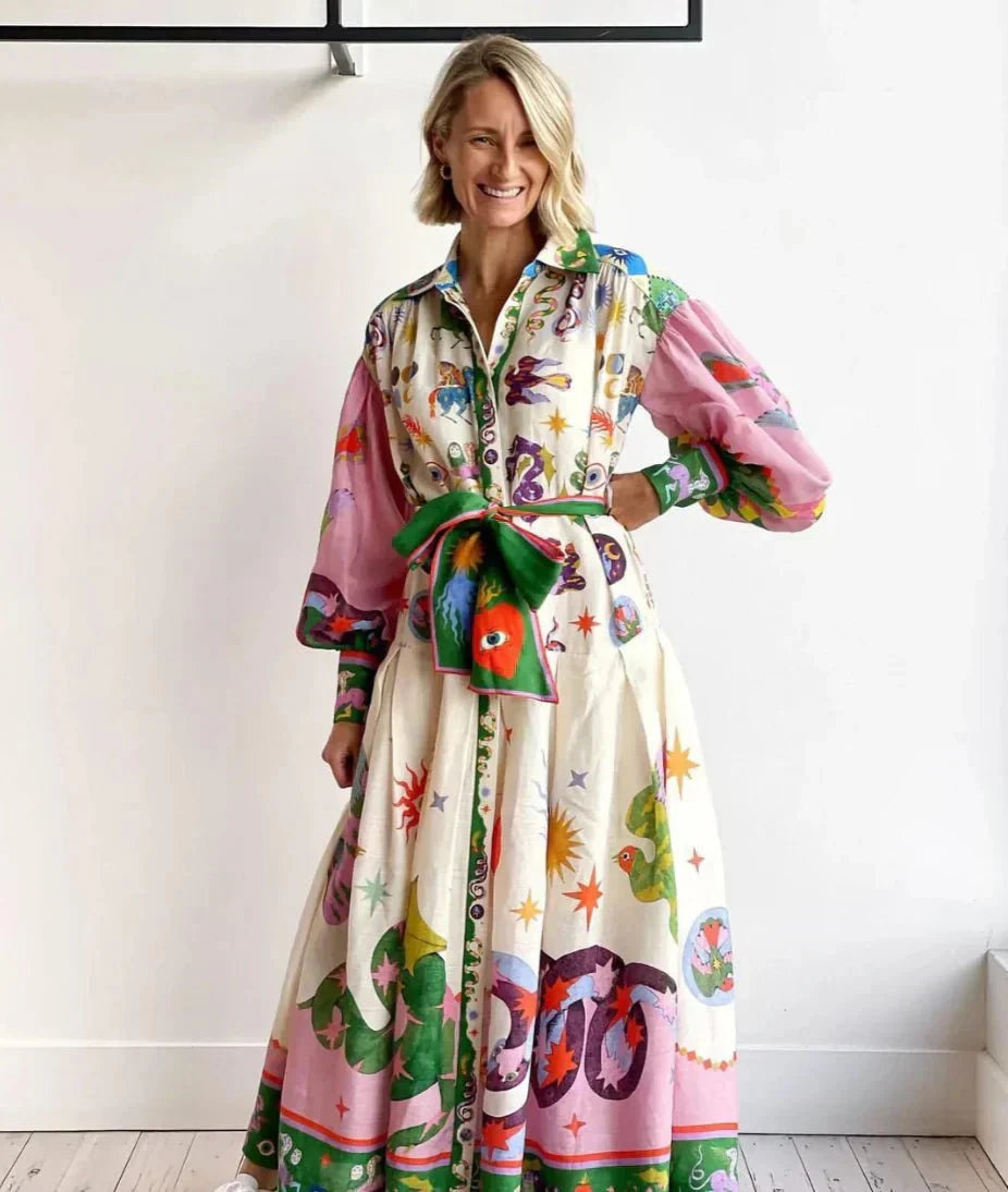 Lavinque Dress Multicolore / S Robe chemise longue imprimé artistique | Robe | Élégance bohème et couleurs éclatantes