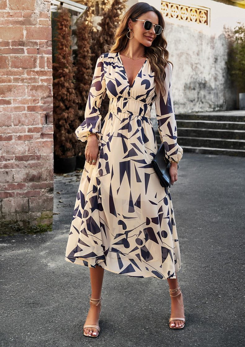 Lavinque Dress Noir & Crème / S Robe Midi Fluide | Imprimé Bleu Tropical | Fraîche et Élégante