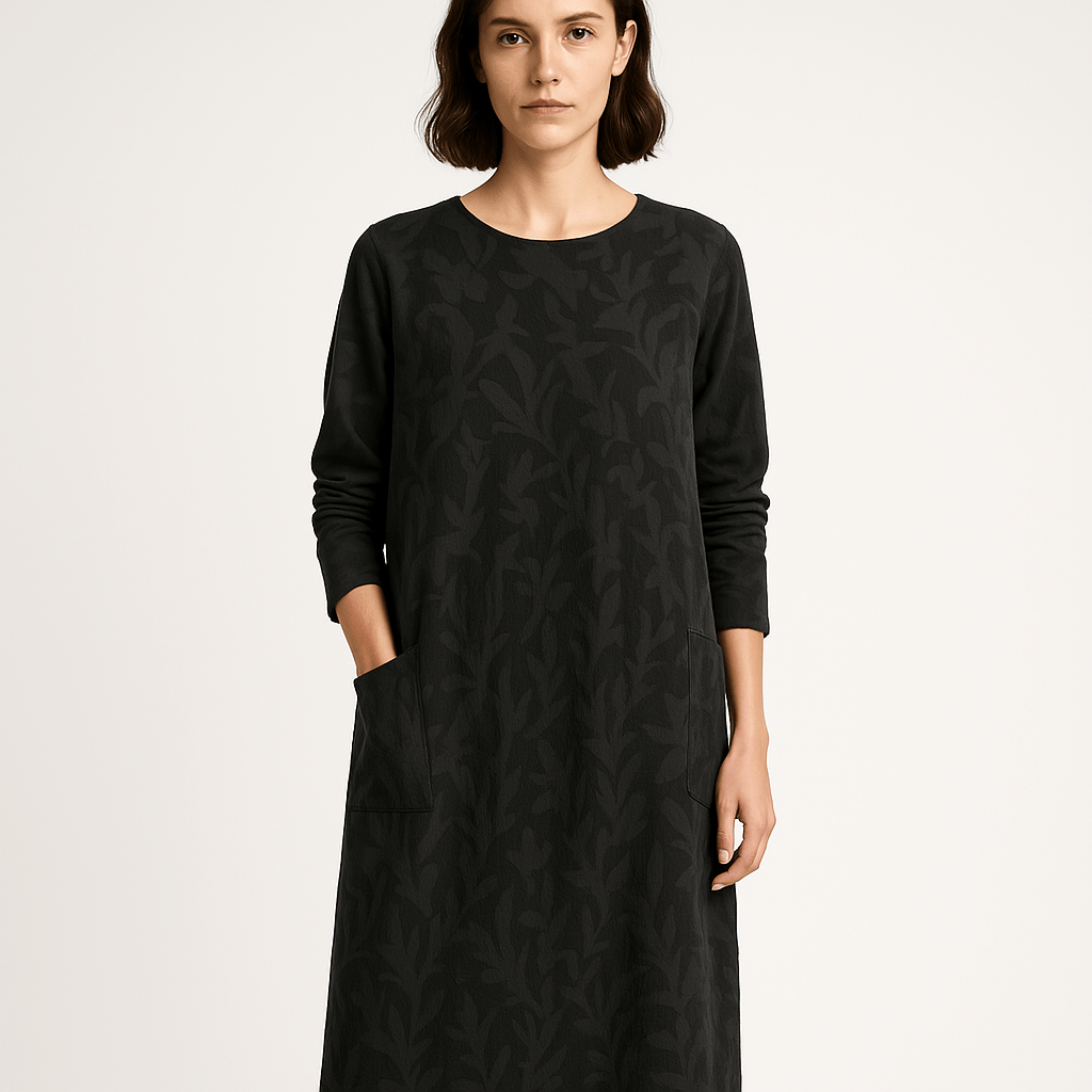 Lavinque Dress Noir / M Robe Noire Décontractée | Manches Longues | Motif Ton sur Ton